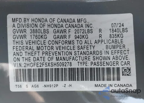 2025 Honda Civic Sport from USA, damaged, VIN 2HGFE2F5XSH509278